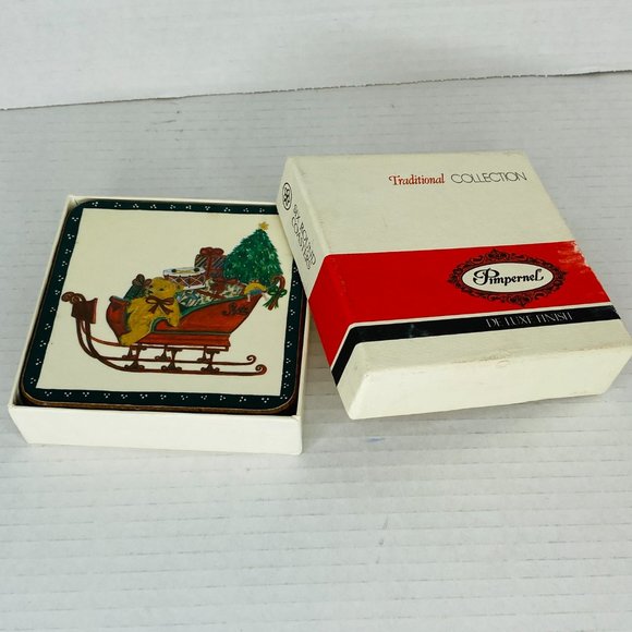 Set of 6 Vintage Pimpernel Christmas Coaster Santa's Sleigh Cork Back - Picture 2 of 5